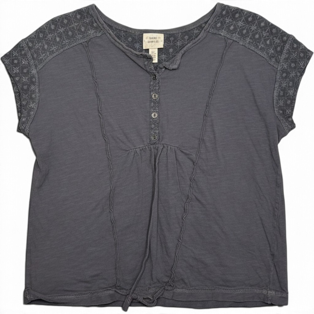 Knox Rose Gray Embroidered Henley Short Sleeve Top Women Medium Tie Front Boho